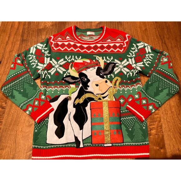 Holiday Time Cow Christmas Sweater L 42 Green Red Ugly Xmas Fair Isle Mens Teen - Picture 1 of 8